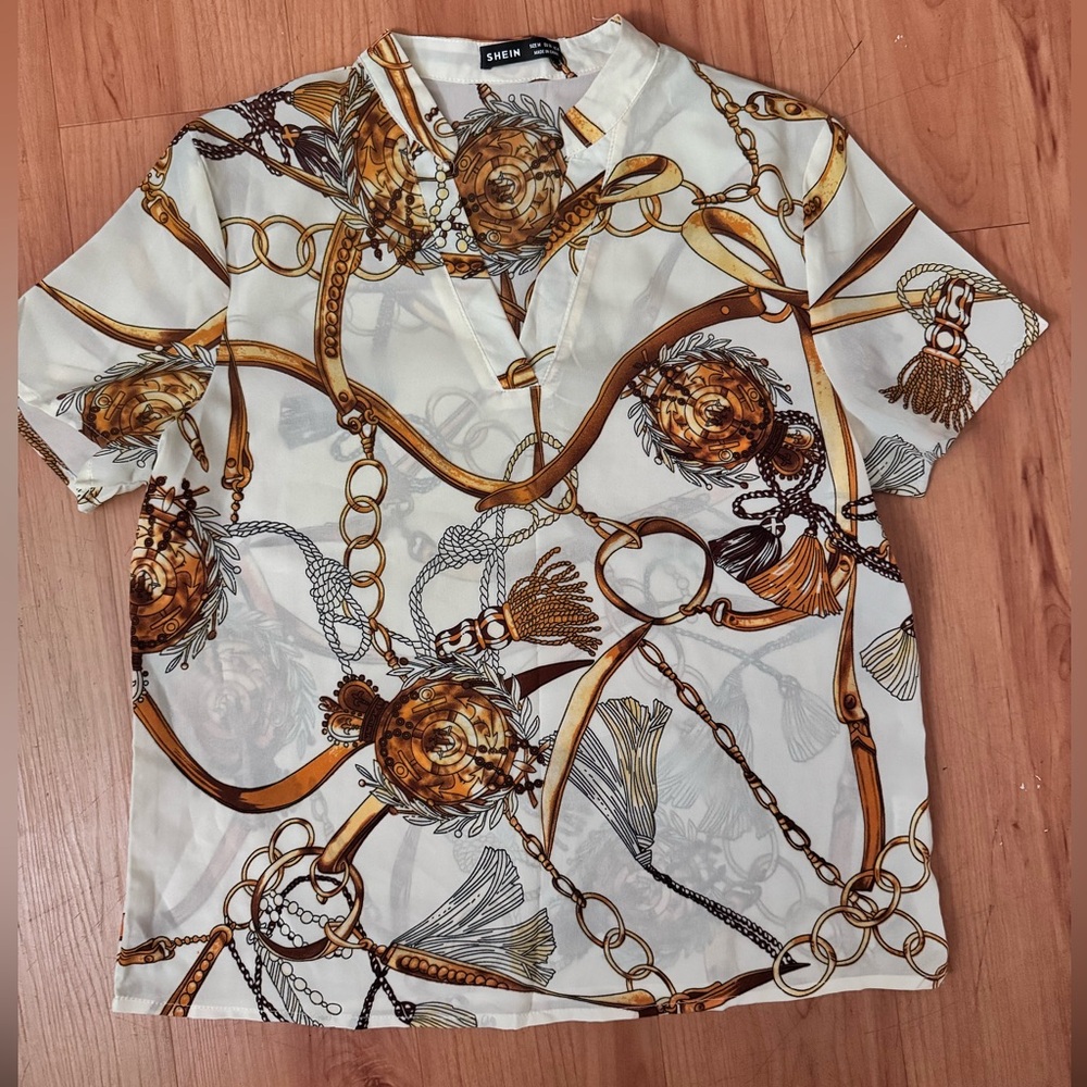 SHEIN Men's Chain Print Shirt - Cream and Brown